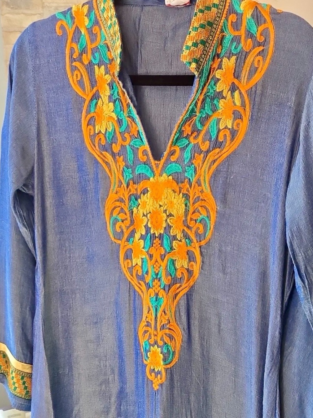 Chambray Embroidered Midi Dress w/Gold Accent ** pic 1 shows blue color best